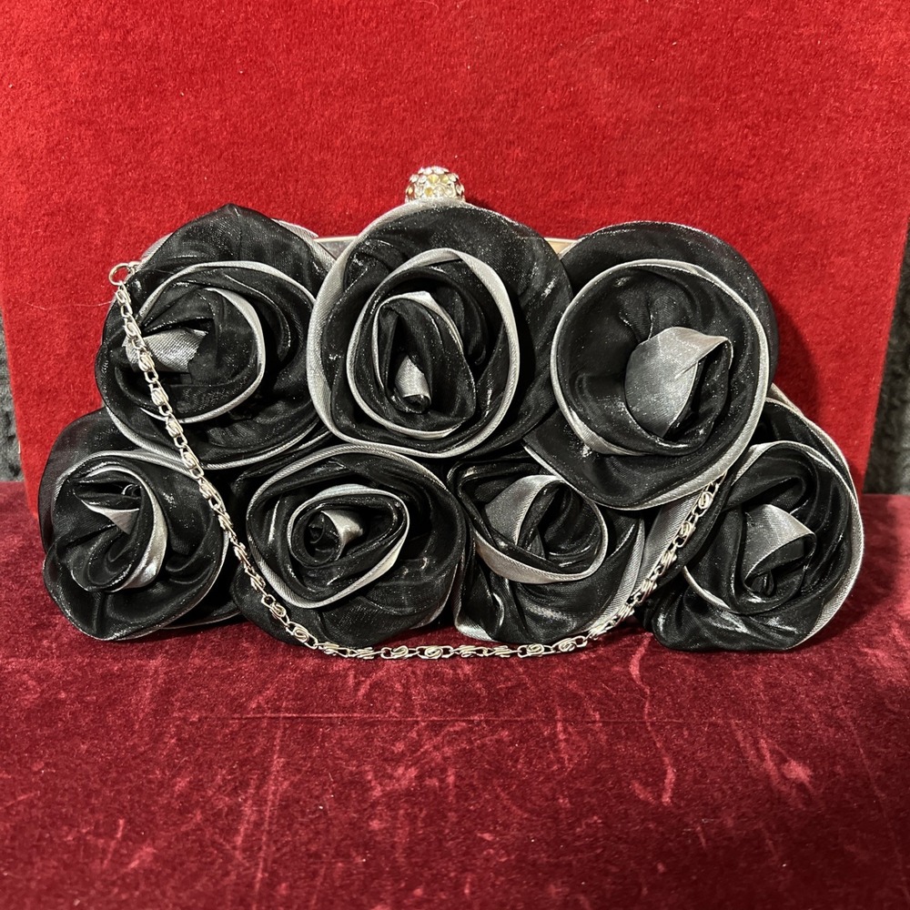 Women Satin Rose Rhinestone Black / Gray Color‎ Handbag Silver tone chain